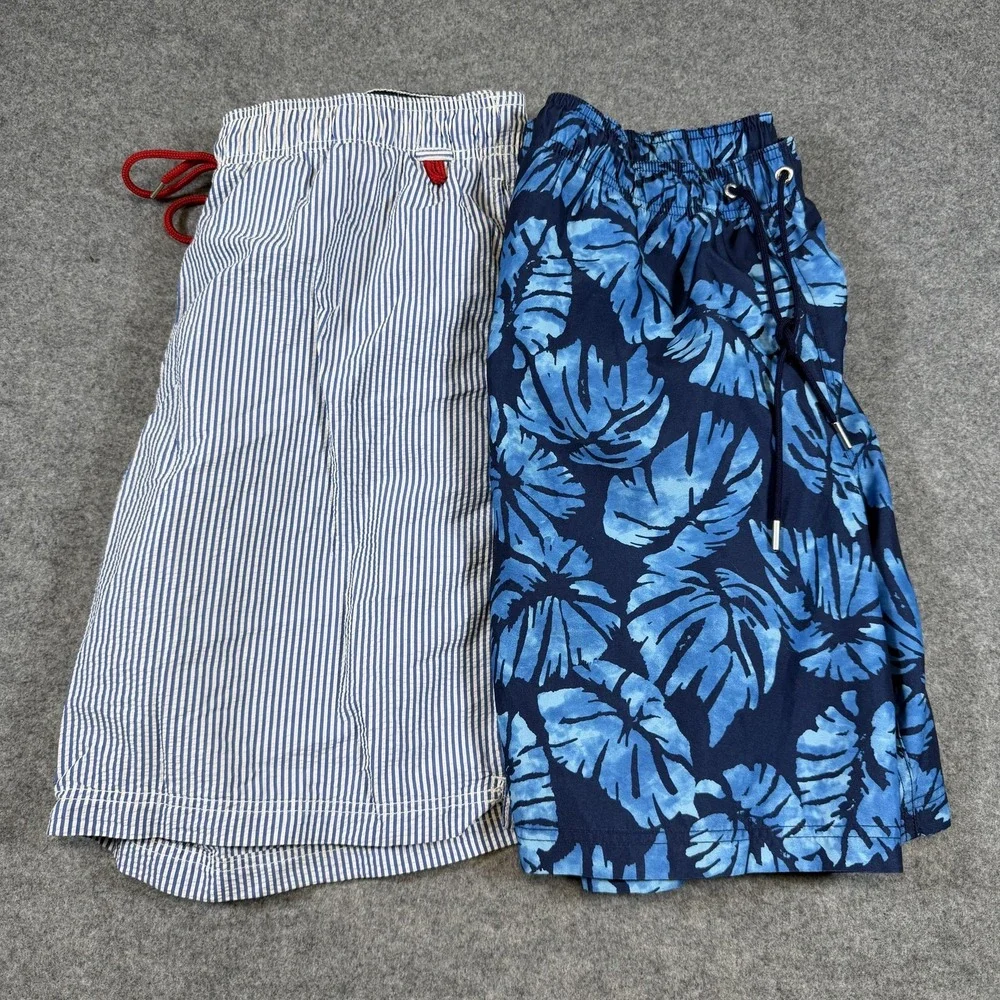 2 Pack Lands' End Swim Trunks Mens Large Blue Tropical Leaf Stripe Mesh Lined